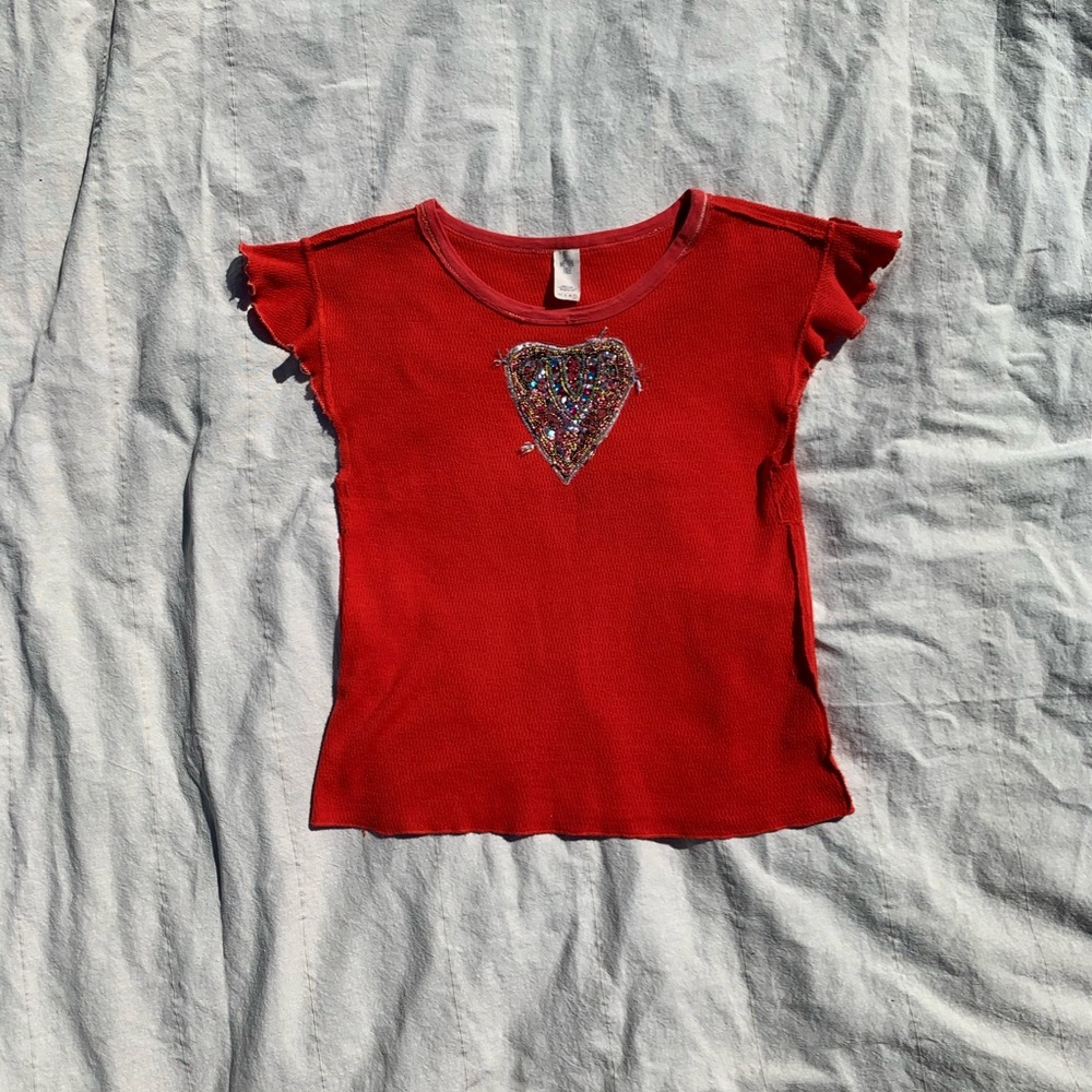 Free People Red Beaded Sequins Heart Top. Size Large